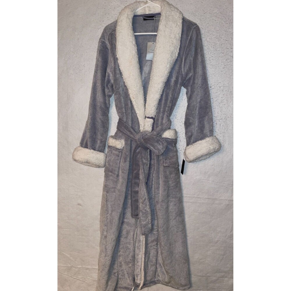 Natori Womens L Faux Fur Plush Long Bath Robe Lounge SOFT Warm Pockets Gray NWT